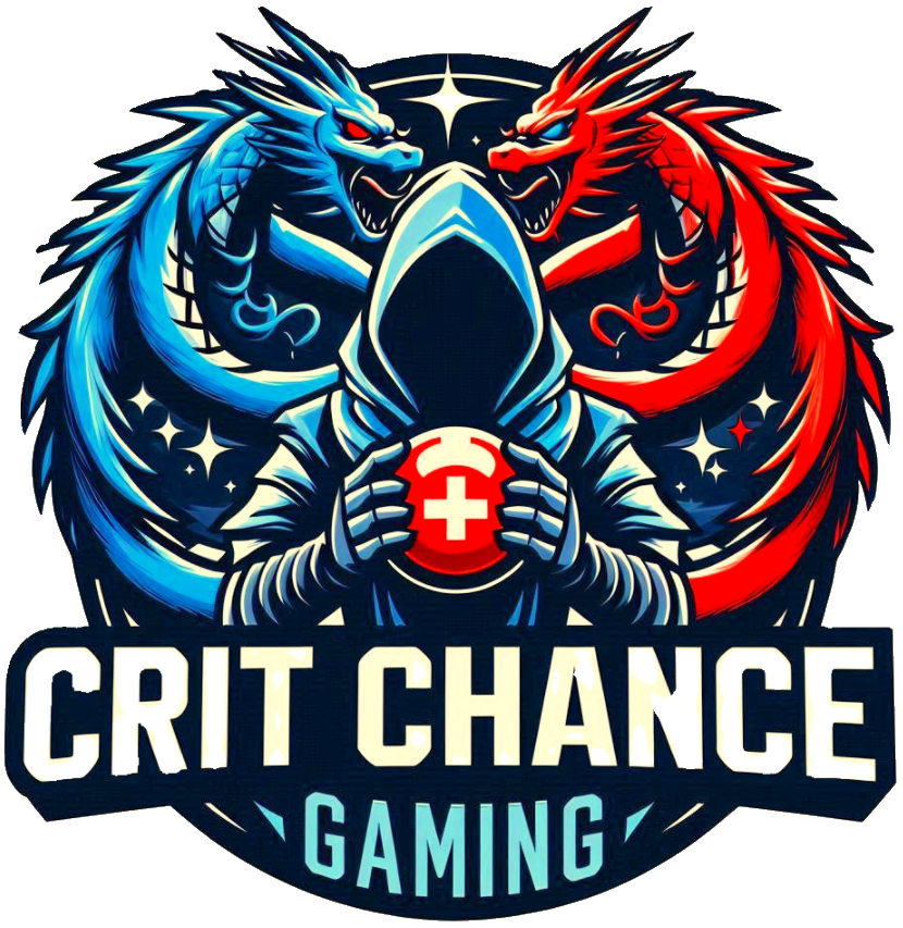 logo for crit chance gaming with a blue dragon on the left and red dragon on the right over a hooded figure in blue holding a red ball with a plus sign and the brand name underneath